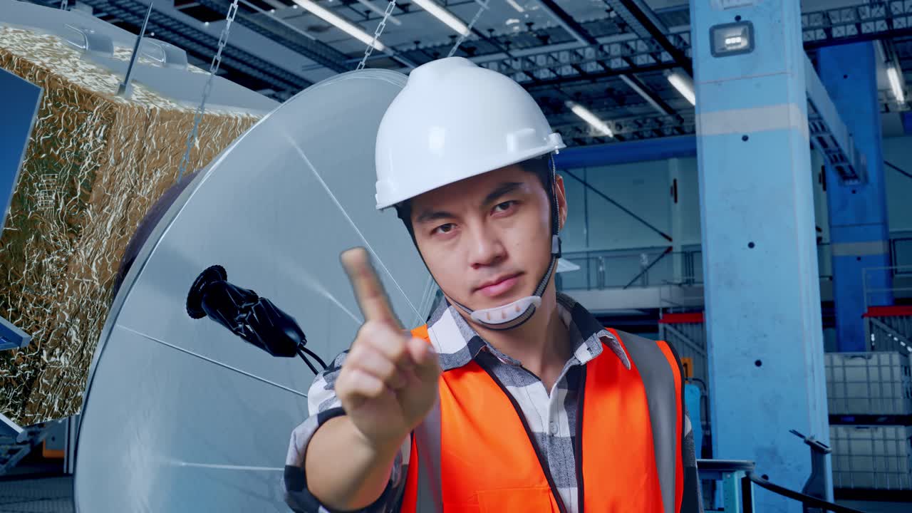 공장에서 위성 접시를 검사하는 엔지니어