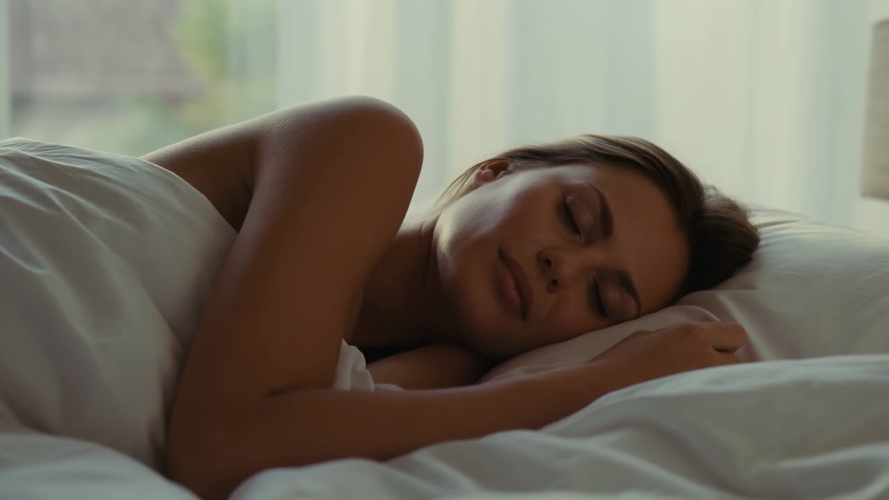Fredelig ung kvinde sover trygt i en hyggelig seng