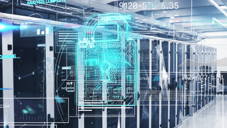 Animation-of-interface-with-data-processing-and-security-padlock-icon-against-computer-server-room