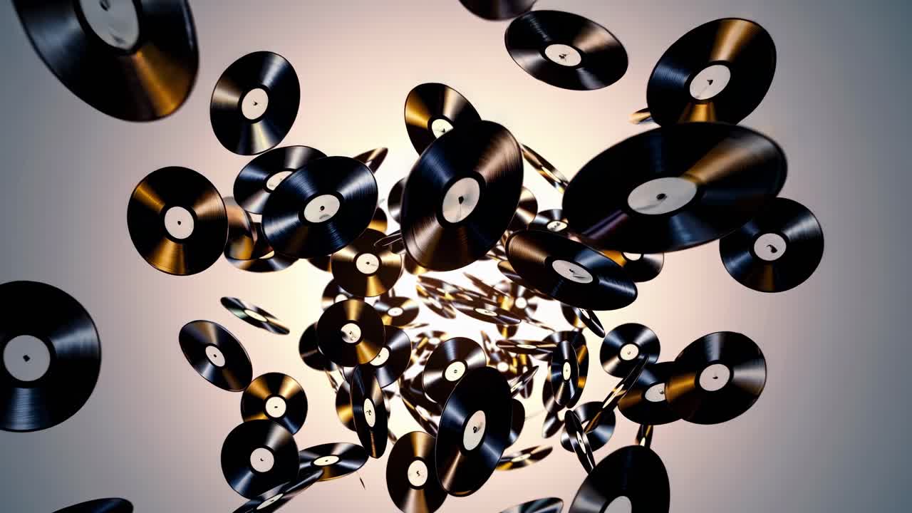 Many vinyl records are flying and rotating, forming a vortex with a bright light in the center, creating a dynamic and energetic visual representation of music and sound