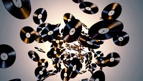 many vinyl records are flying and rotating, forming a vortex with a bright light in the center, creating a dynamic and energetic visual representation of music and sound
