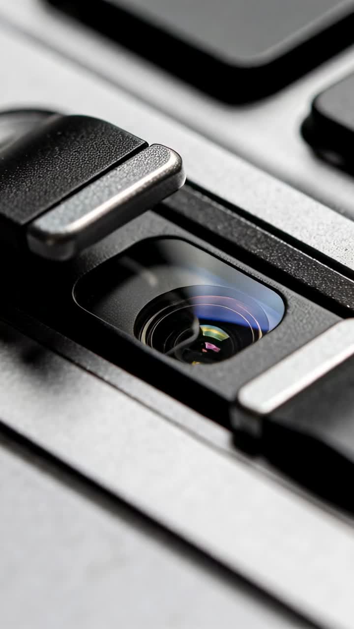 Primo piano di un obiettivo fotografico con una copertura scorrevole per la privacy