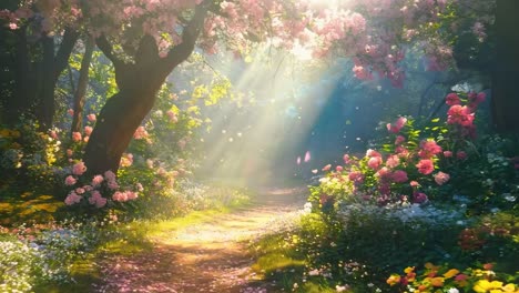 a dreamy, sunlit forest path with blooming flowers, captured at eye level