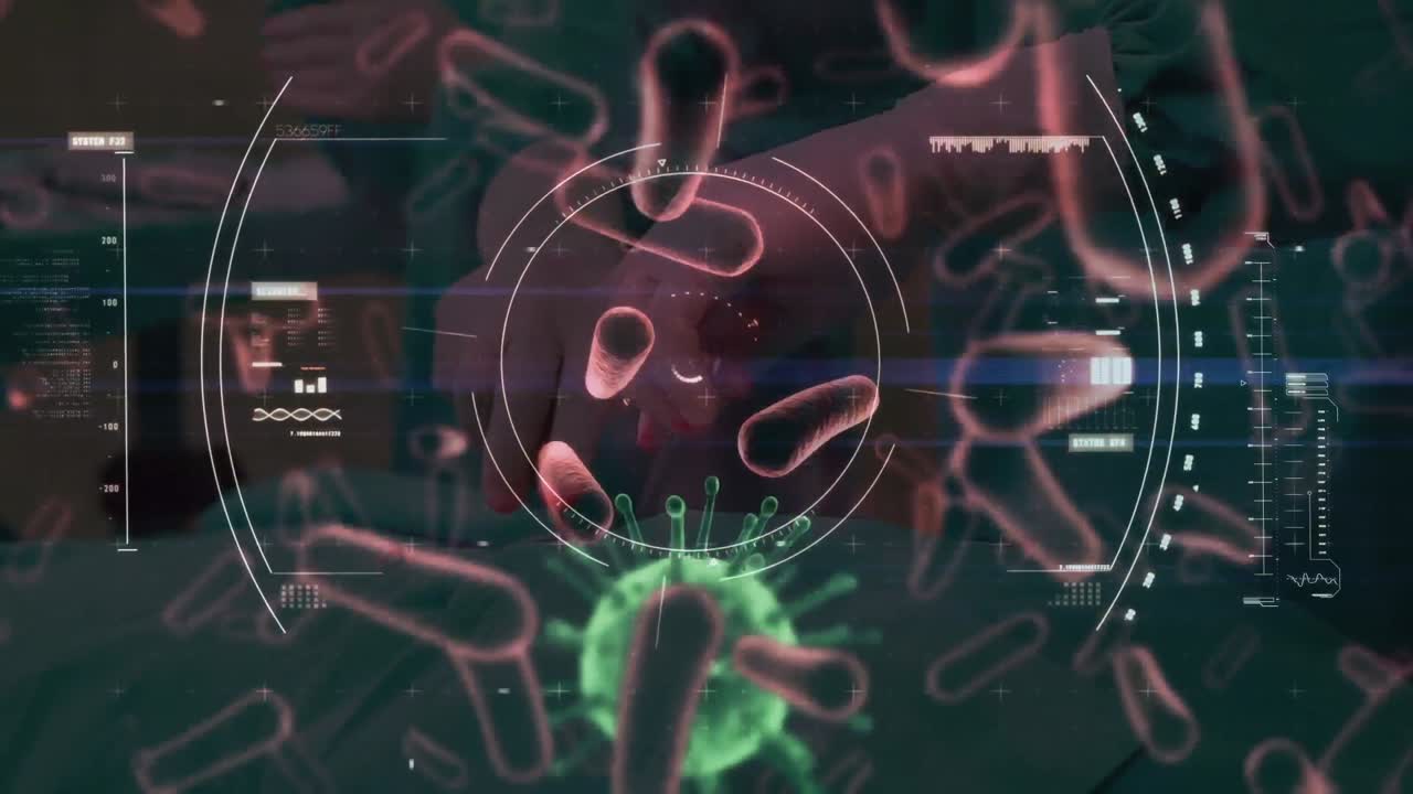 animación de las células de covid-19 flotando sobre el escáner de alcance y el cirujano