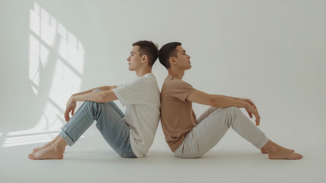 Light entering studio grid shadow nudging two in tees back-to-back shifting right man lifting chin
