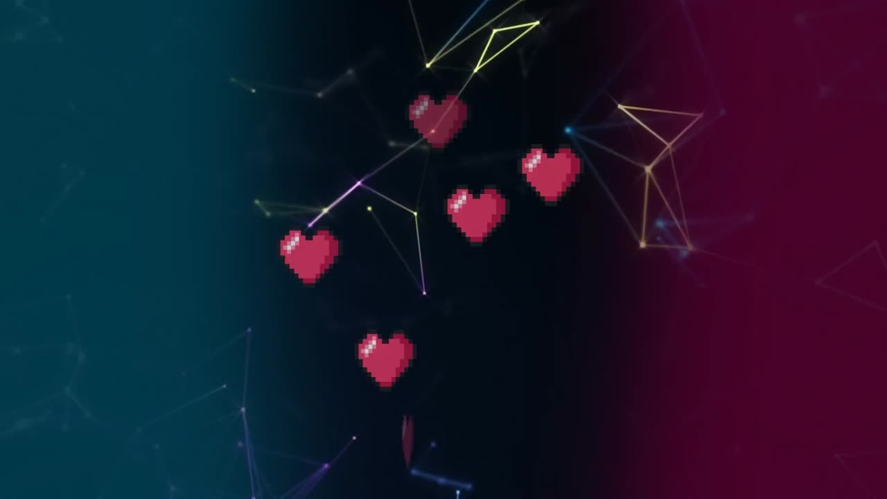 분홍색 심장 아이콘과 그라디언트 배경에 떠 있는 연결 네트워크의 애니메이션