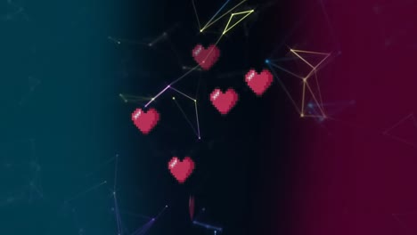 animación de iconos de corazón rosado y red de conexiones flotando contra el fondo de gradiente