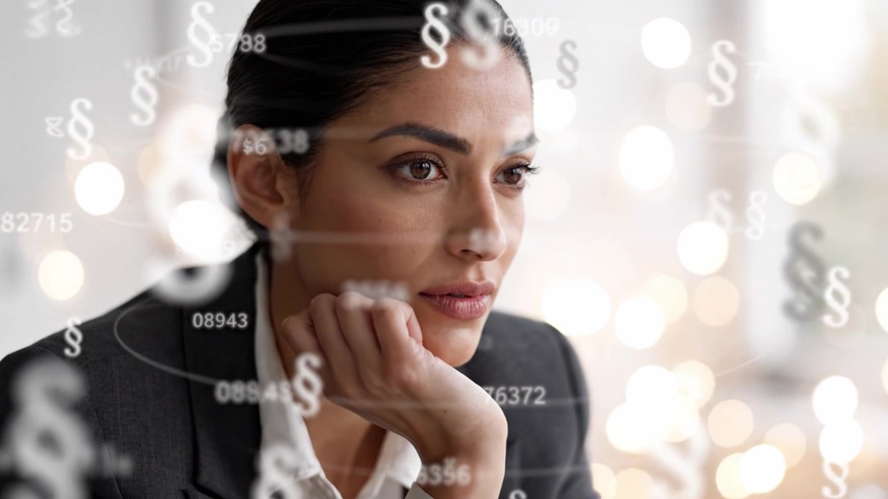 Mulher Contemplativa em Traje Profissional Considerando Questões Legais com Símbolos Abstratos e Luzes de Fundo Aprimorando o Ambiente Reflexivo