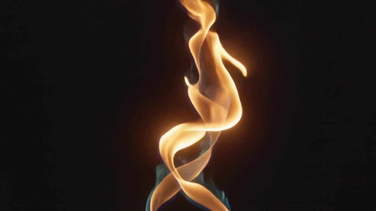 Sparking ribbon flame twisting into curls, shedding embers with teal base accents in black void