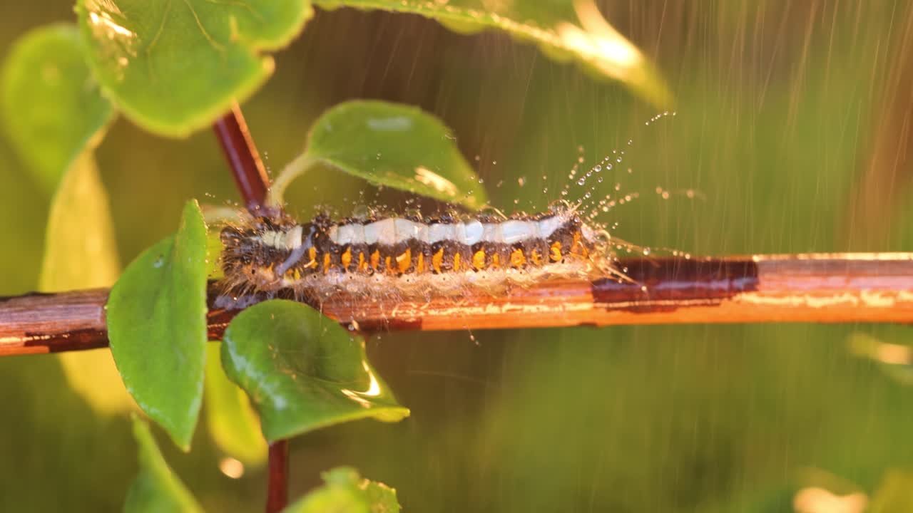 노란  ⁇ 리 나방 (euproctis similis) 애벌레, 황금  ⁇ 리 또는 백조 나방 (sphrageidus similis) 은 에레비데아과의 애벌레이다. 애벌레는 비가 오는 동안 나무 가지를 따라 기어 다닌다.