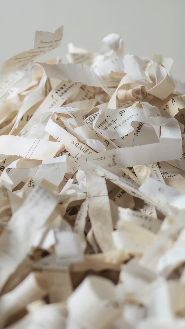 Vertical video: Camera pulling focus revealing curled shredded strips on table with printed text