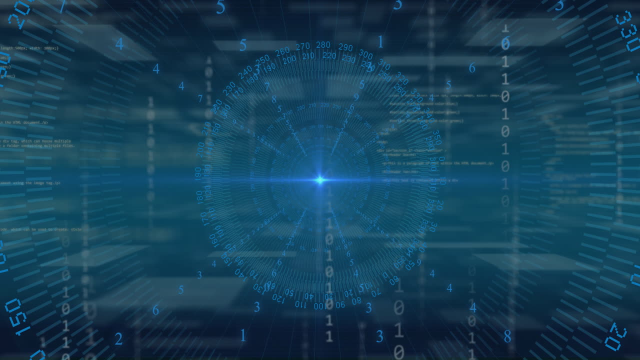 파란 빛 위의 원형 스캐너의 애니메이션과 어두운 배경의 데이터 처리