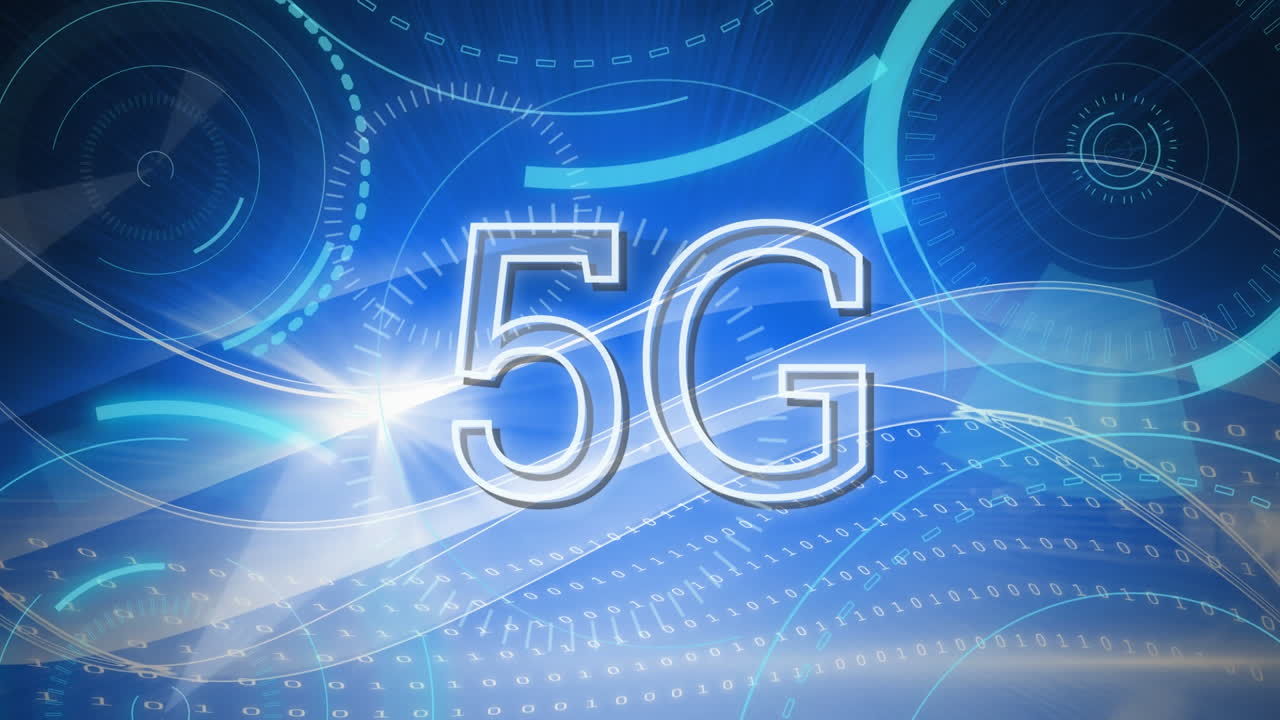 animazione di 5g scritta su cerchi blu in movimento