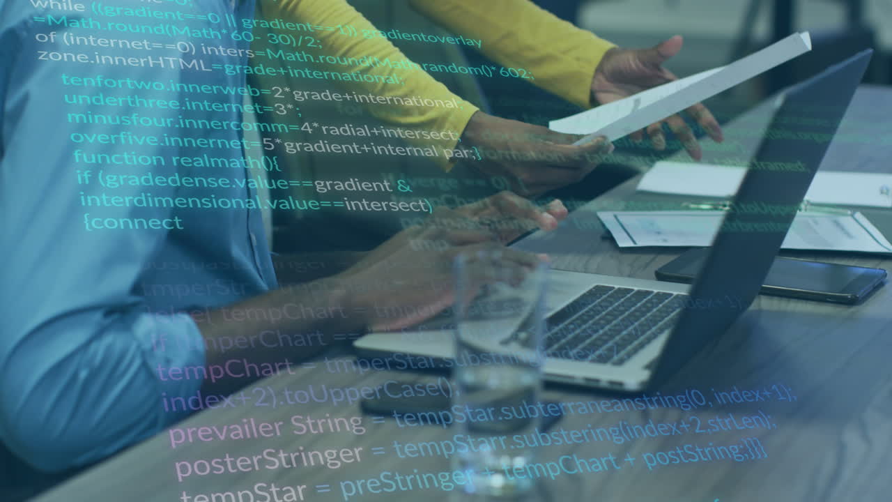 Animation of data processing over diverse business people working in office