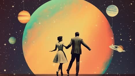 retro-futuristic video concept with a couple holding hands, facing a giant planet