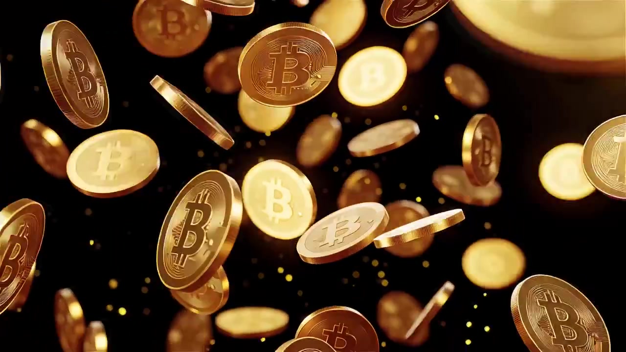 Bitcoin in rotazione su sfondo nero drammatico 4k