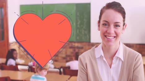 Animation-of-read-heart-over-female-teacher-in-classroom