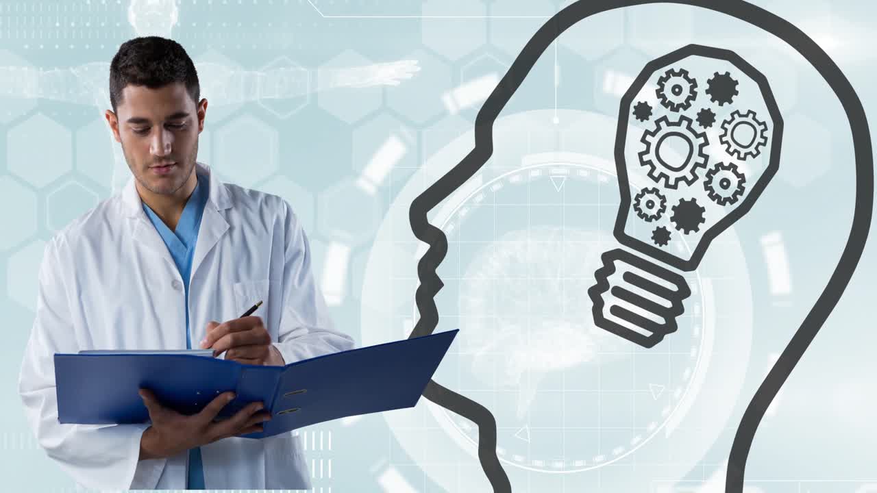 animación de un médico masculino biracial y una cabeza con un icono de bombilla sobre el procesamiento de datos