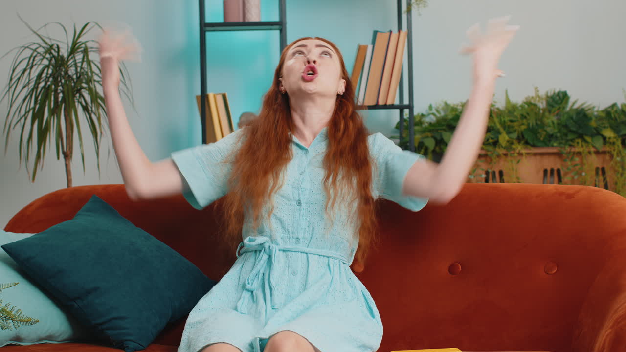 Repair work at neighbours concept irritated woman at home cover ears with pillows annoyed by noise