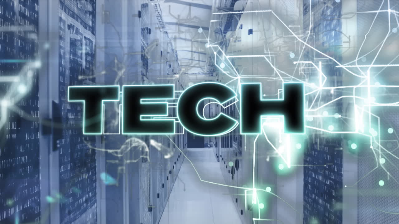 Animation of tech text and data processing over computer servers