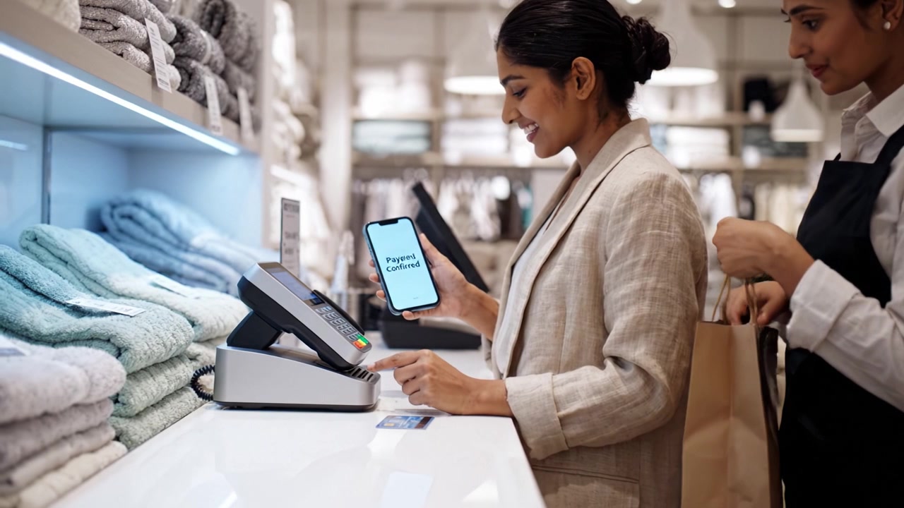 A woman completes a contactless payment using her smartphone at a retail store, surrounded by neatly arranged towels and soft textiles on display.