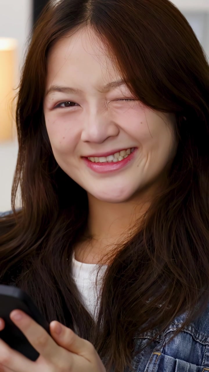 หญิงสาวชาวเอเชียยิ้มและขยิบตาขณะถือสมาร์ทโฟน