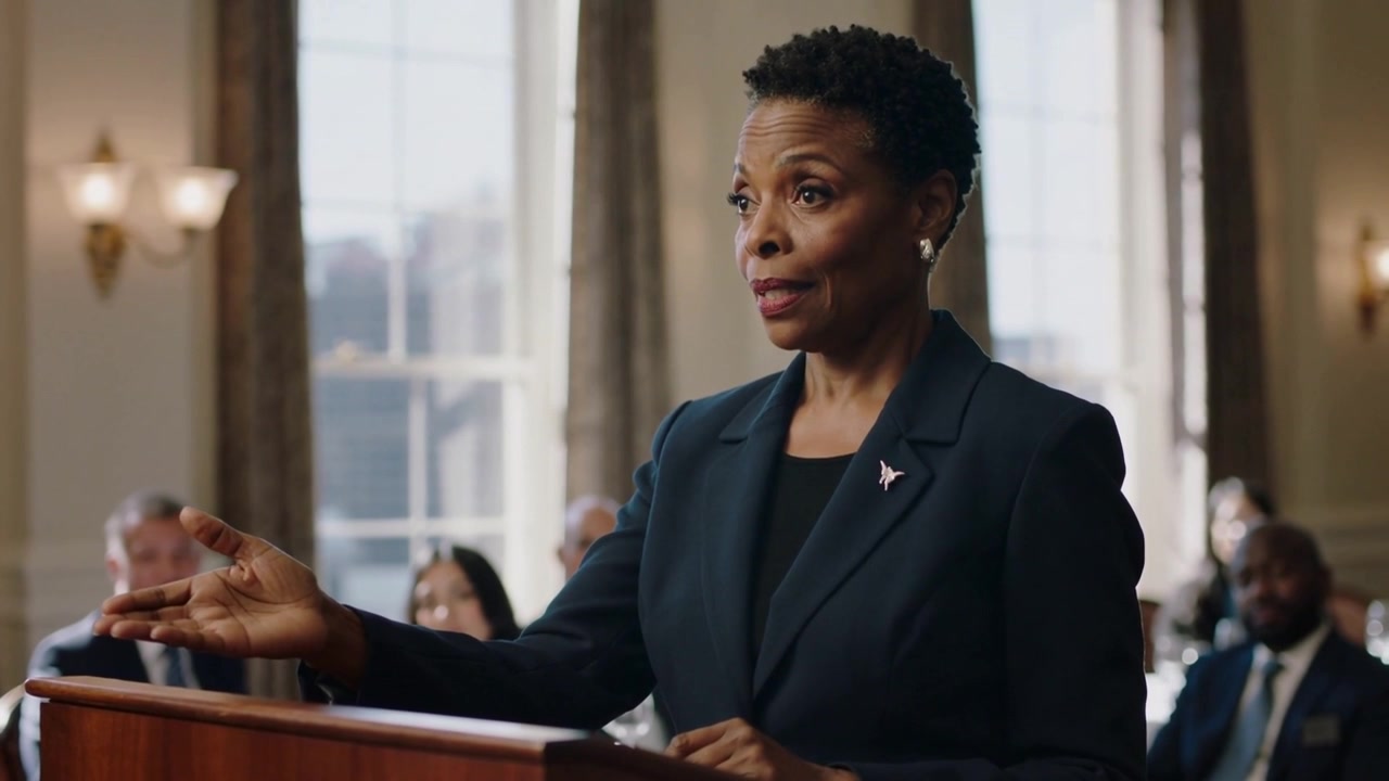 Addressing hearing, Black lawyer in dark blazer extending pointing at podium emphasizing lapel pin