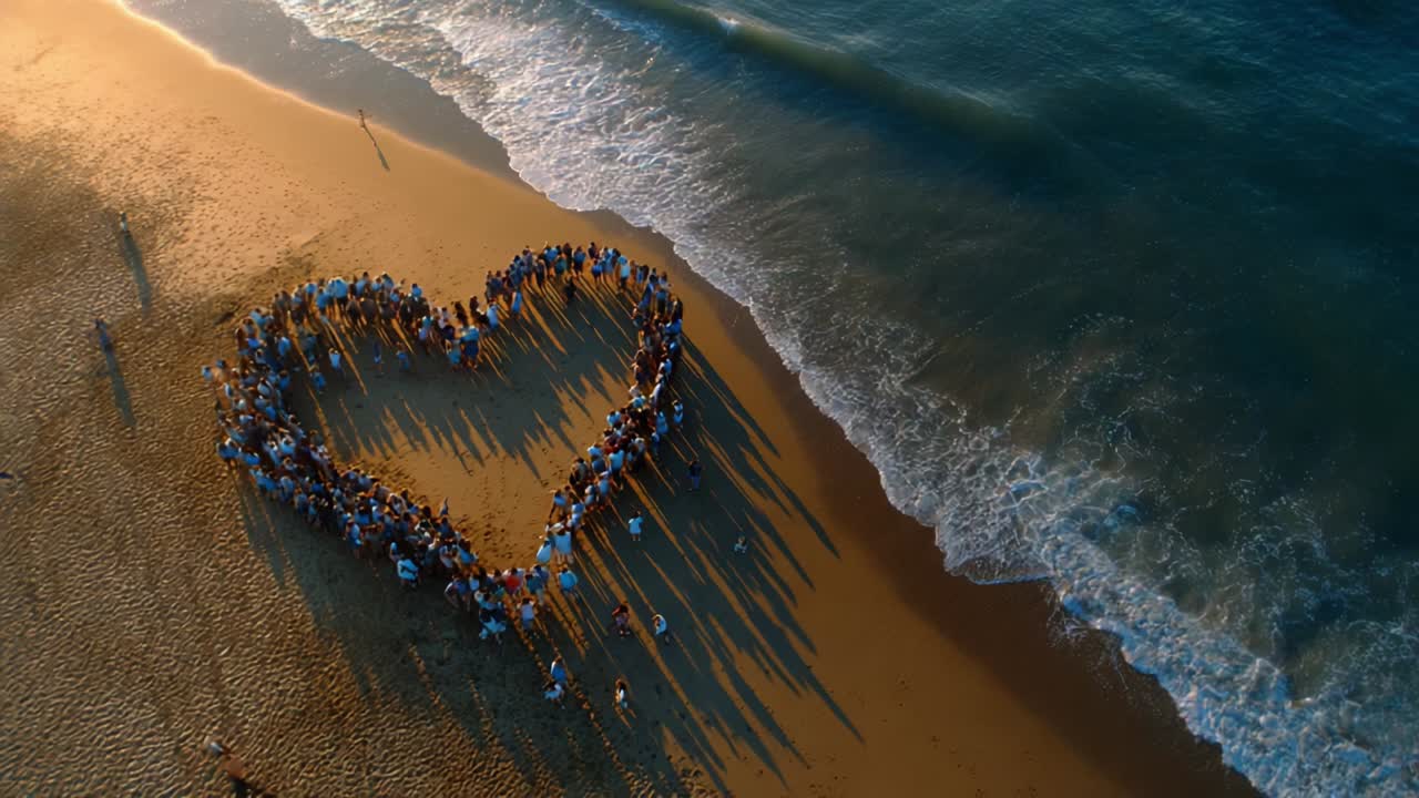 People forming a heart on a beach