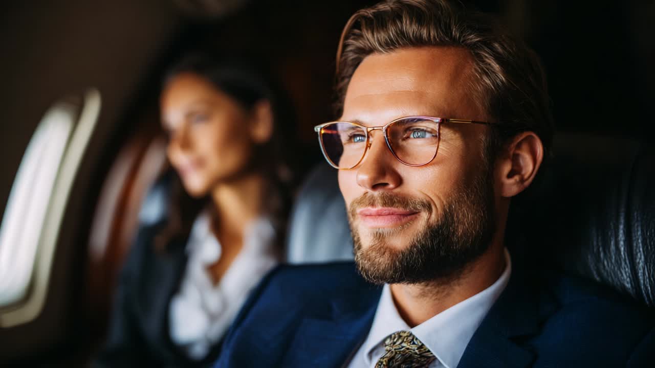 In-Flight Conversation: Two Professional Individuals on a Private Jet Enjoying a Moment Together, Capturing the Essence of Air Travel and Business Networking in a Luxurious Environment
