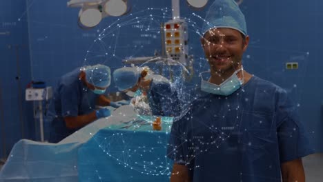 Animation-of-globe-with-network-of-connections-over-surgeons-in-operating-theatre