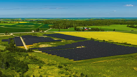fields of farm crops growing alongside solar panels providing food production and clean energy - forward aerial hyper lapse