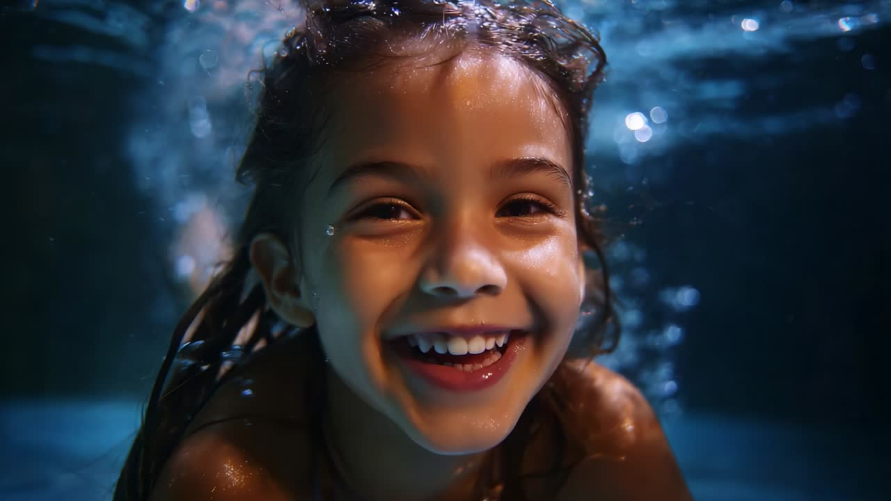 Capturing Joyful Moments in Water: A Young Girl's Delightful Underwater Smiles and Playfulness in a Swim, Showcasing Her Happiness and the Beauty of Youthful Innocence in a Hydrated Environment