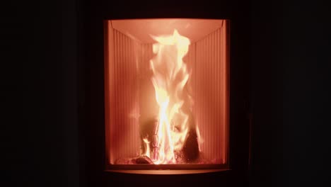 el hogar se calienta con una chimenea en llamas con leña, llama naranja, vista estática