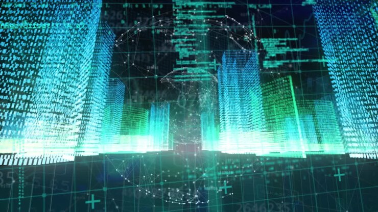 Animation of globe of network of connections and 3d city model against blue background