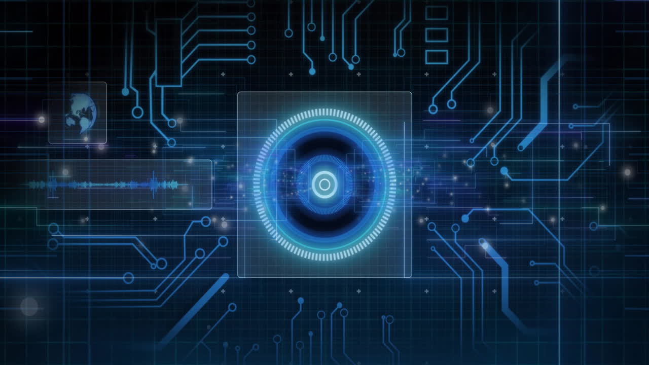 Animation of glowing circular element with circuit patterns in futuristic interface