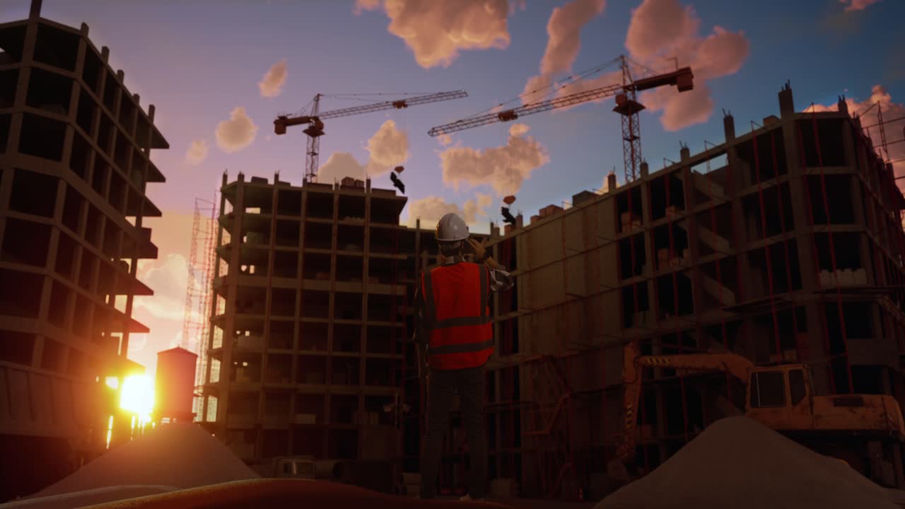 Full Body Back View Of Asian Male Engineer With Safety Helmet Talking On Smartphone While Standing At Construction Site, During Sunset Or Sunrise Time