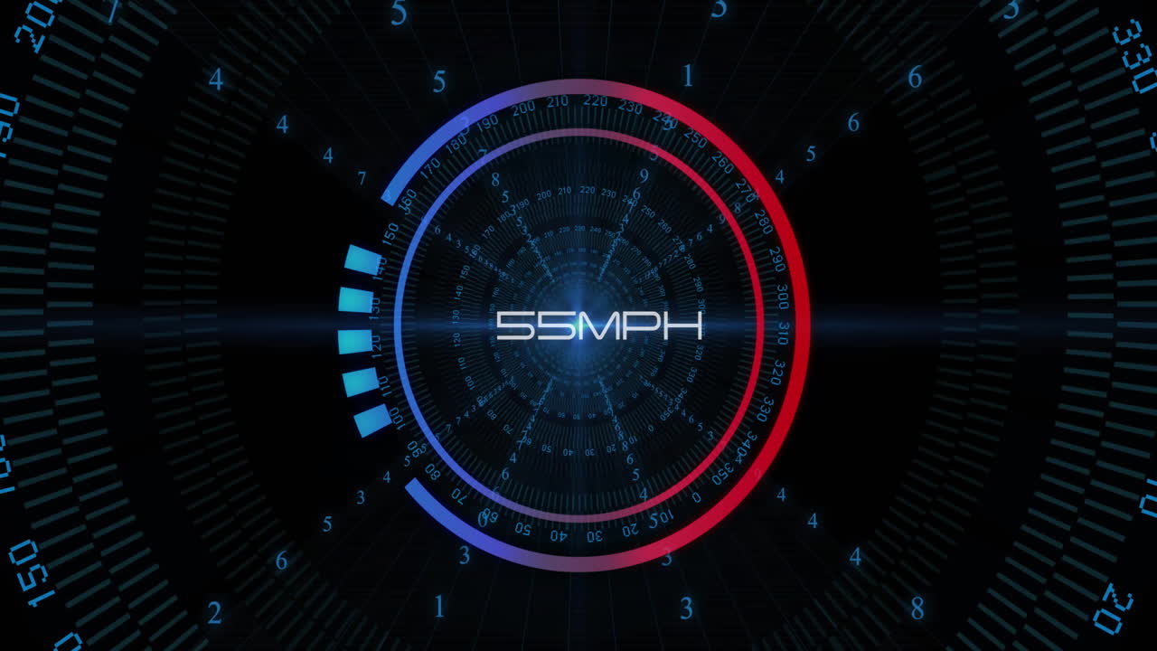 Animation of speedometer over data processing on black background