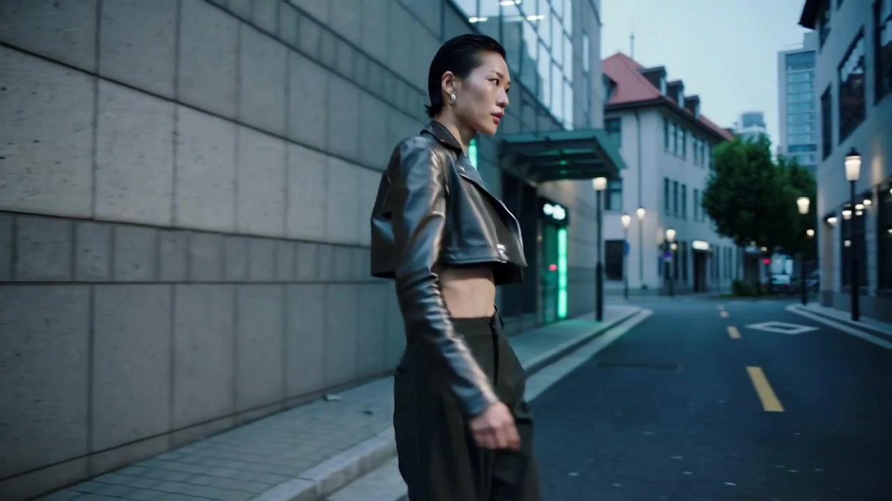 Pressing hands on tiled wall, Asian woman in cropped jacket steadying herself then walking street