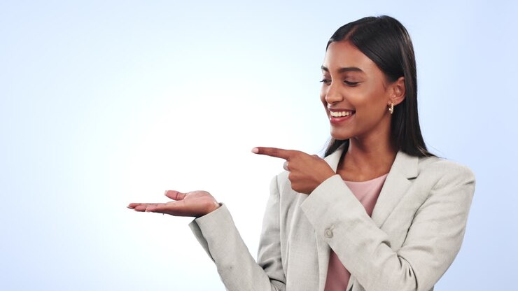 Portrait, woman is pointing at advertising