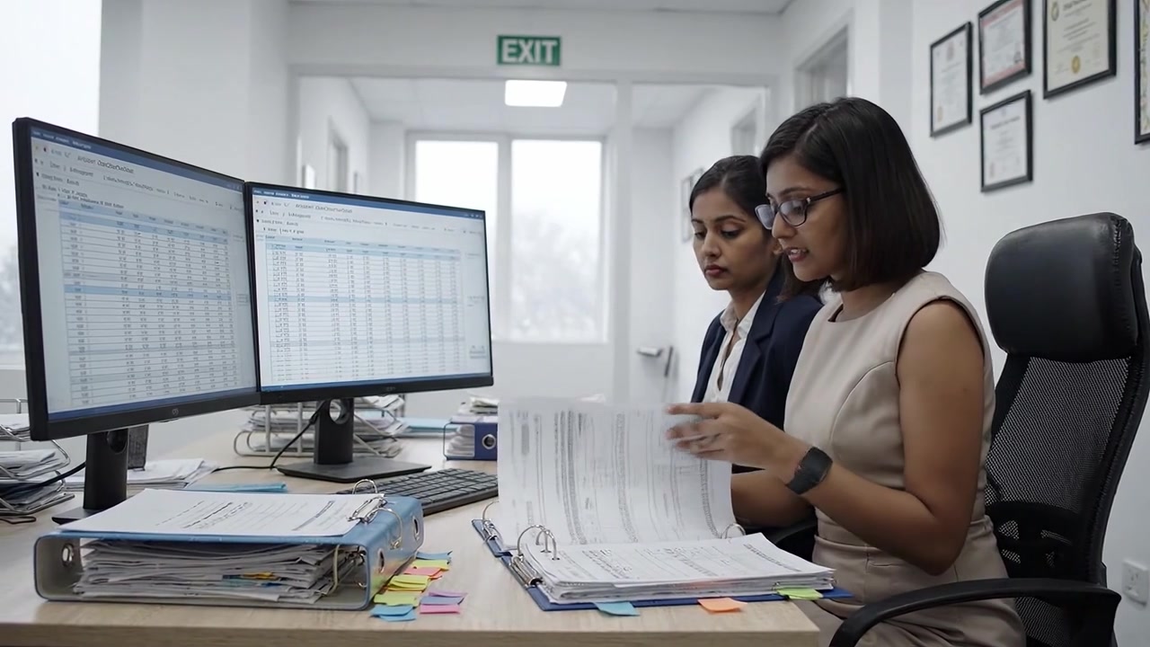 Two Professionals Collaborating at Desks with Computer Screens Displaying Data, Charts, and Reports in Modern Office Environment with Papers and Stationery