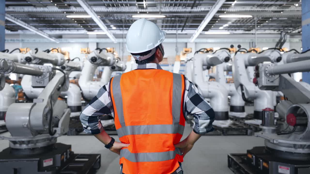 Engineer Observing Industrial Robots in a Manufacturing Facility