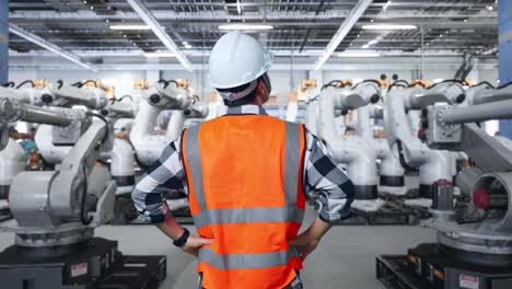 ingeniero observando robots industriales en una instalación de fabricación
