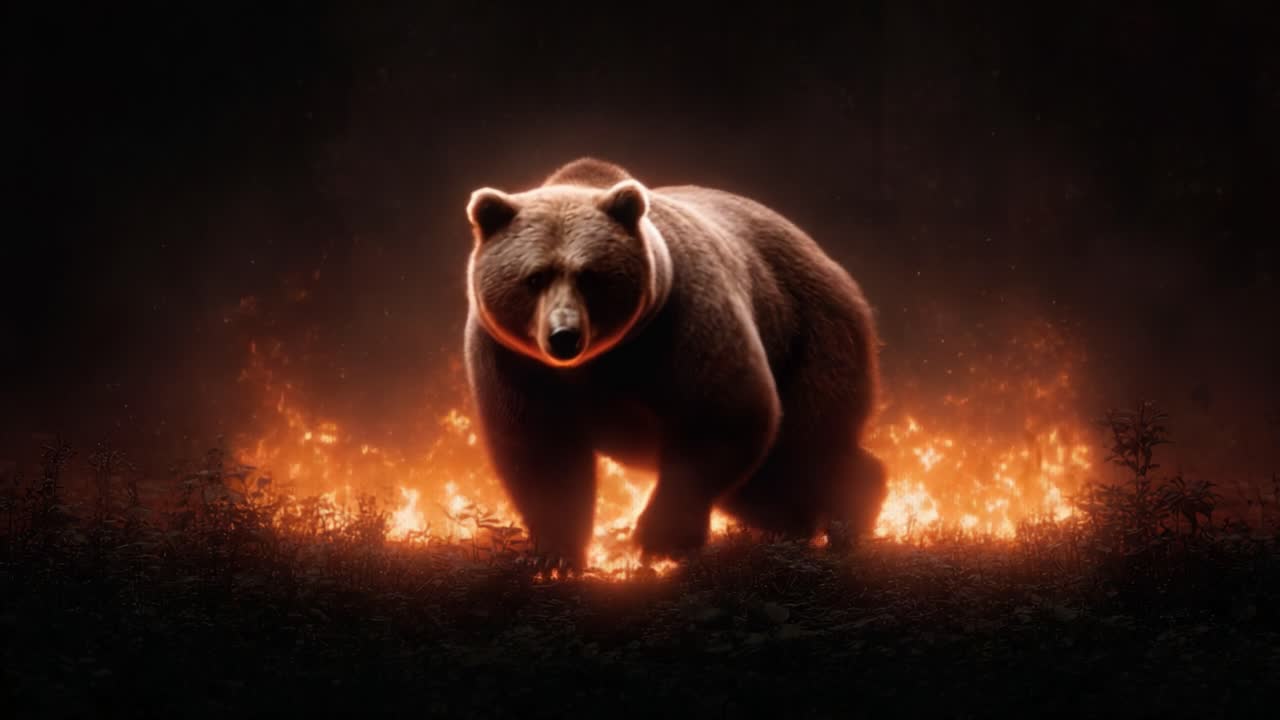 A Majestic Bear Stands Amidst Fiery Flames, Symbolizing Nature's Resilience and Strength in a Surreal and Dramatic Setting Filled with Glowing Embers and Shadows