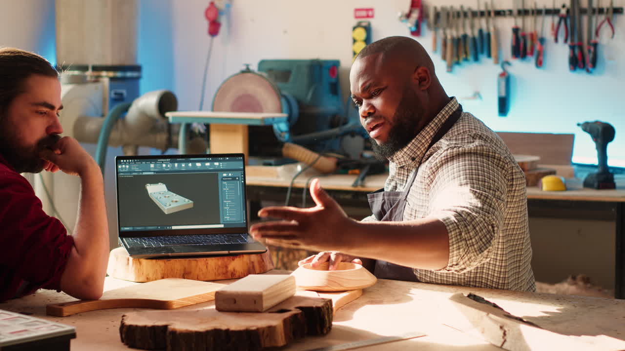 Woodworkers designing custom 3D furniture on notebook in studio