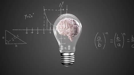 animación de cerebro giratorio dentro de un icono de bombilla y ecuaciones matemáticas contra un fondo gris.