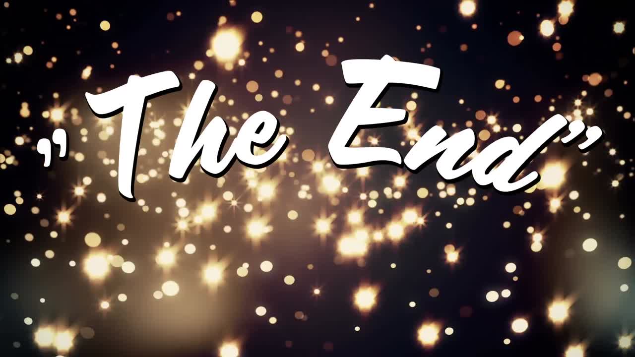 animación del texto final, sobre luces brillantes que se mueven sobre un fondo negro