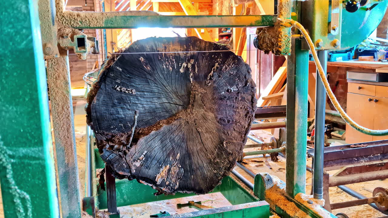 Slowly moving towards cut tree log on sawmill bed pushing the mechanical blade machinery