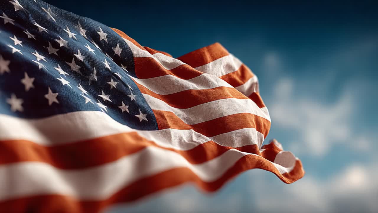 Una maestosa rappresentazione della bandiera americana che sventola con orgoglio contro un cielo limpido, a simboleggiare libertà, unità e orgoglio nazionale nel suo splendore mozzafiato