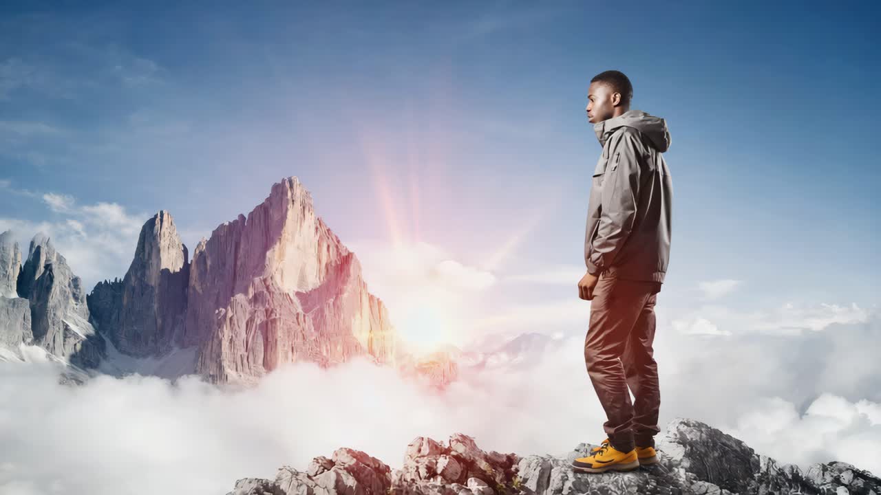 Man standing on a mountain looking at the sunrise