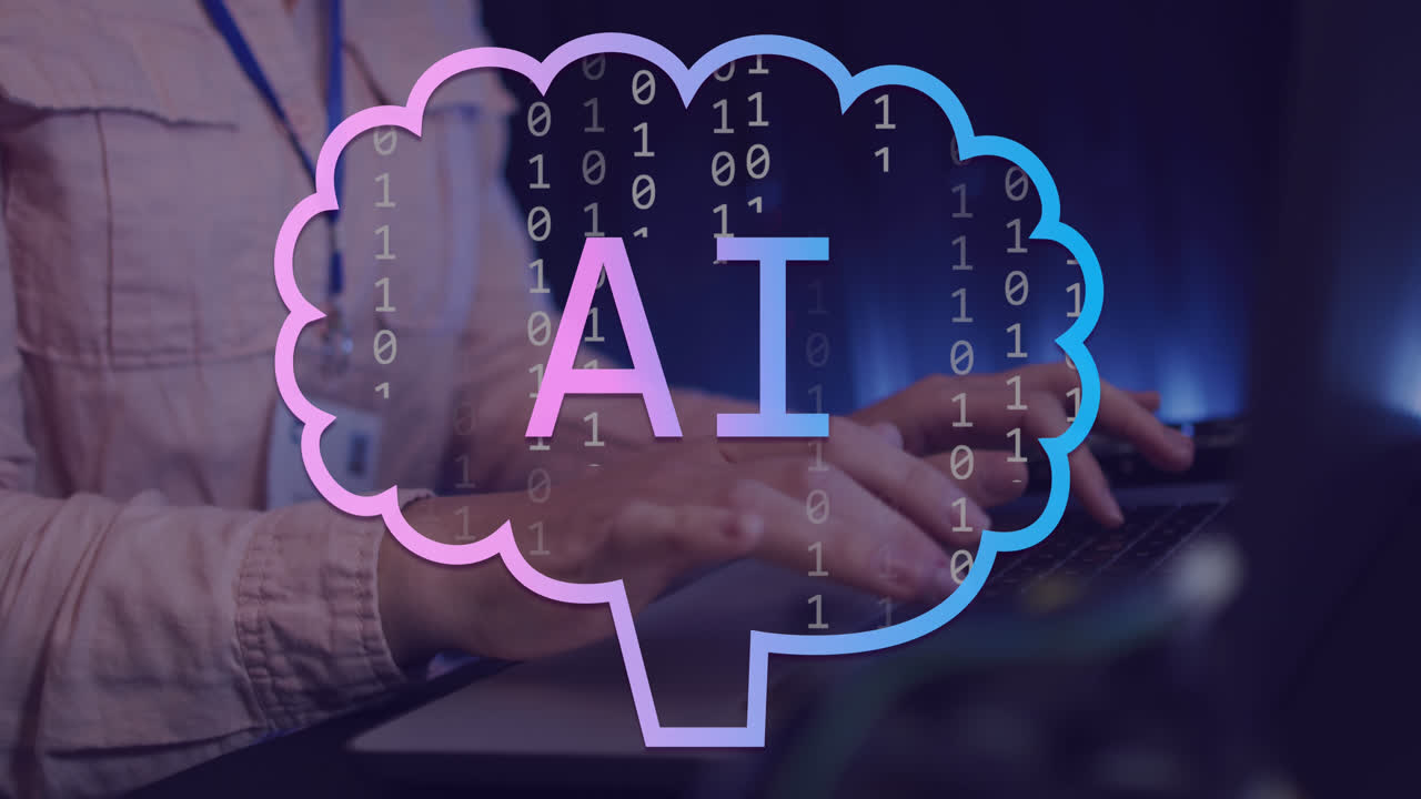 animación de texto, iconos y procesamiento de datos sobre mujer caucásica usando computadora